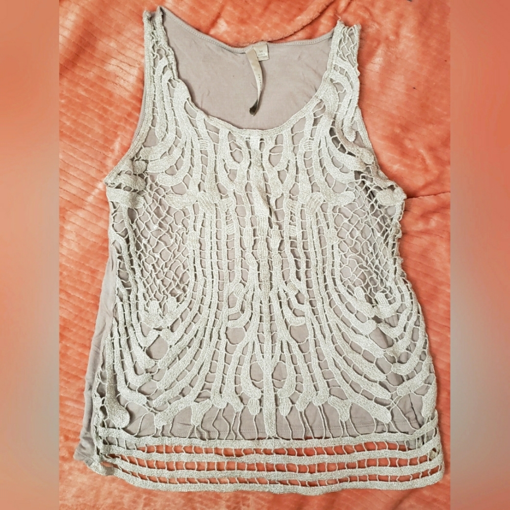 Lauren Conrad Gray Silver Metallic Crochet Overlay Tank Top Womens S